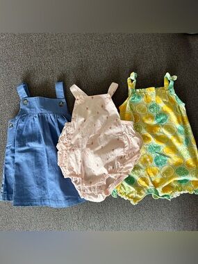 Carter's Blue Dress, Pink Strawberry Romper, Yellow Green Lemon Lime Romper